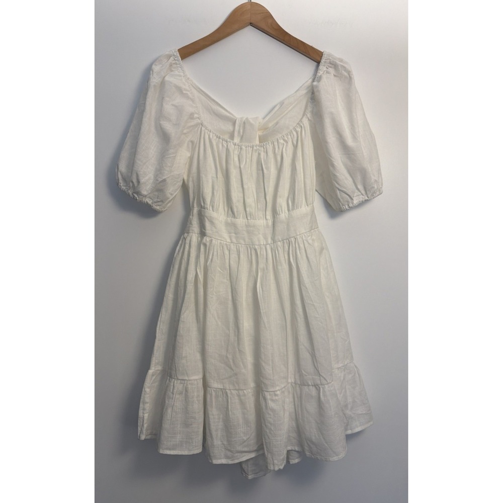 Cottagecore Romantic Peasant Short Dress Womens L Prairie Open Back White Lined‎